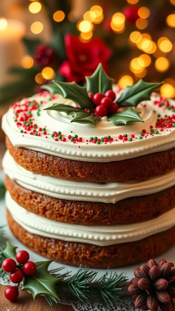Christmas Cake with Buttercream Frosting Recipe A festive Christmas cake with buttercream frosting, decorated with holly and sprinkles, set in a holiday-themed background.